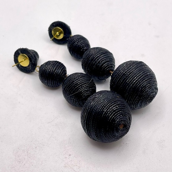 Stylish Designer KJL Style Black Wrapped Ball Dangle Pierced Earrings - Picture 8 of 11